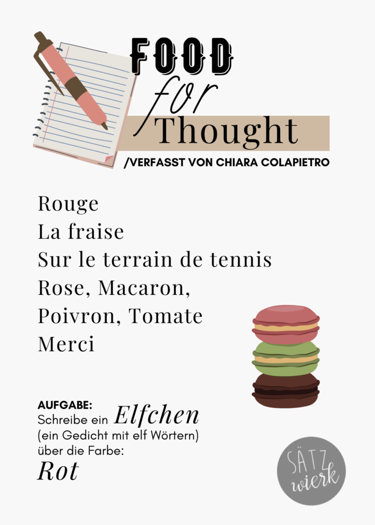 Rouge 
la fraise
Sur le terrain de tennis
Rose, Macaron,
Poivron, Tomate
Merci